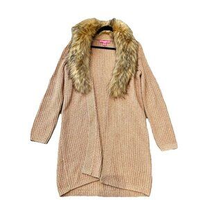 Lilly Pulitzer Adelaine Faux Fur Sweater Cardigan Gold Camel Long Size Medium